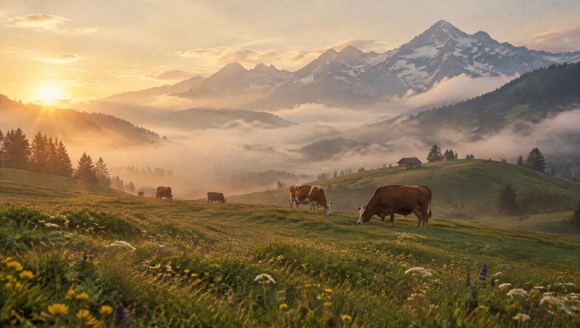 Alpe svizzera all'alba con mucche al pascolo